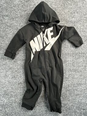 Nike Baby Hooded Coverall Romper Black Full Zip Logo 18M One Piece